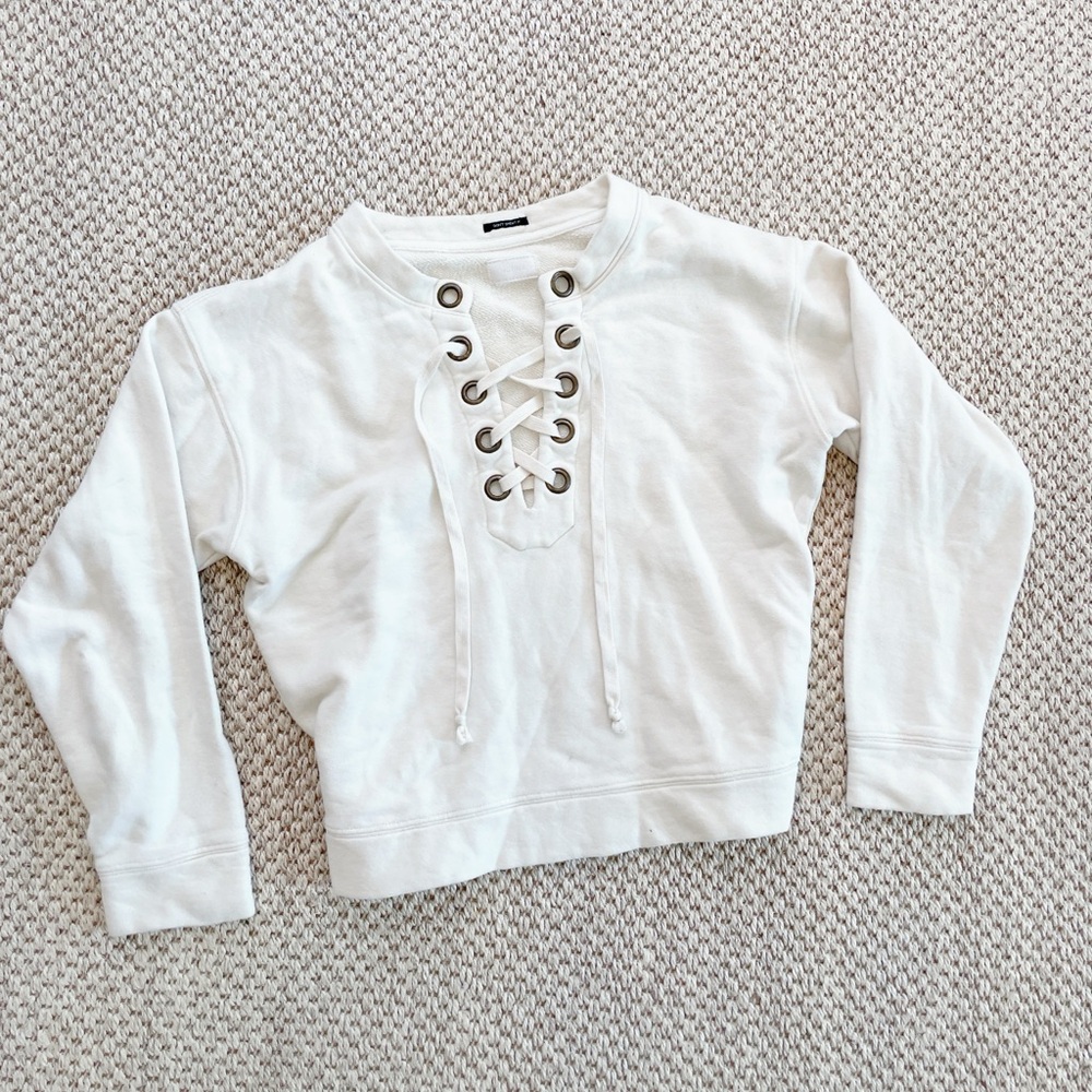 MOTHER Cream Lace-Up V-Neck Sweater - Picture 3 of 12